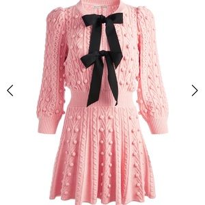 Alice and Olivia CREAM kitty puff sleeve sweater dress WITH black ribbon bow